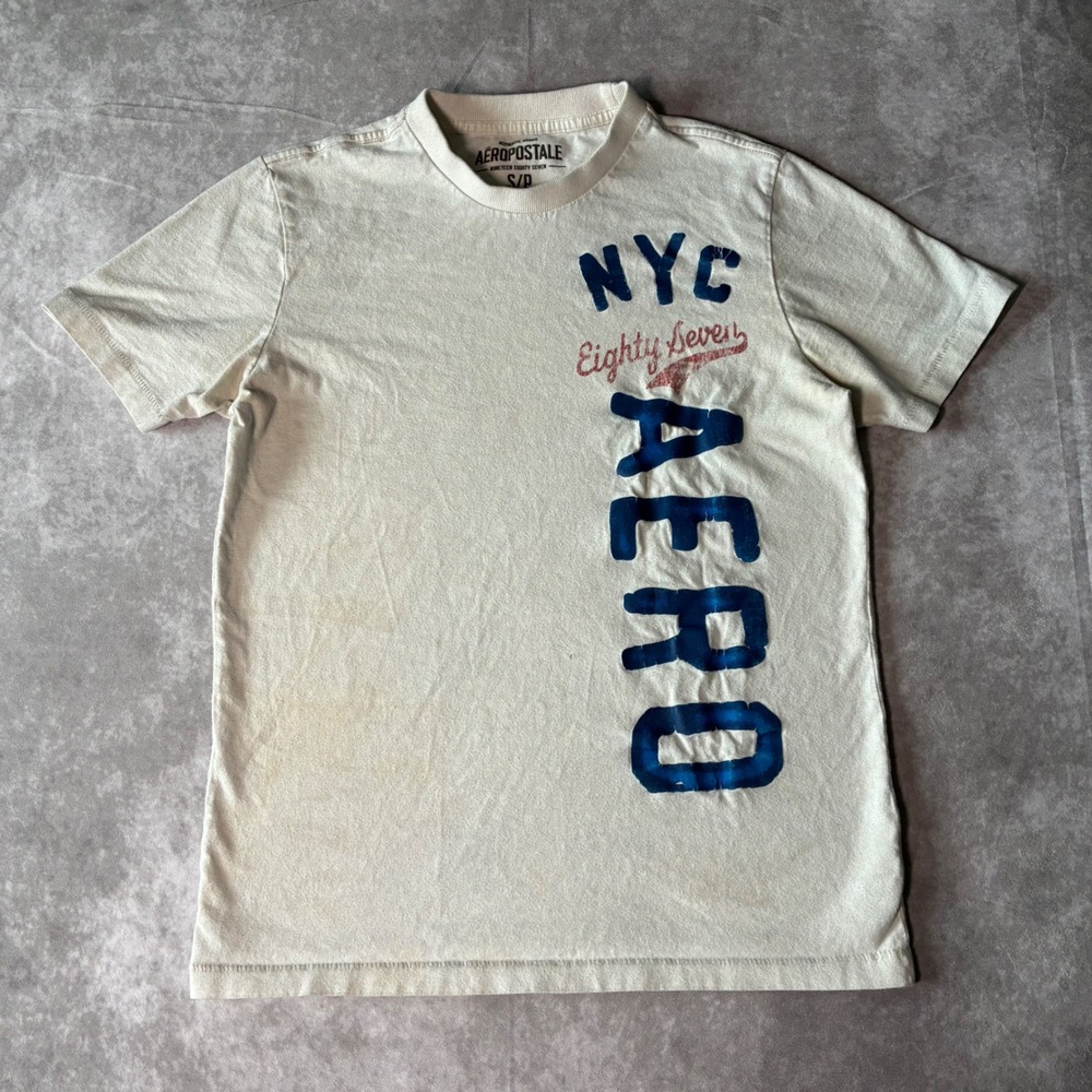 Aeropostale Mens NYC Eighty Seven Graphic T-Shirt Off White Small grunge 2000s